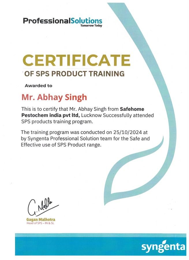 Syngenta Professional Solutions SPS product training certificate awarded to a Safe Home Pestochem technician