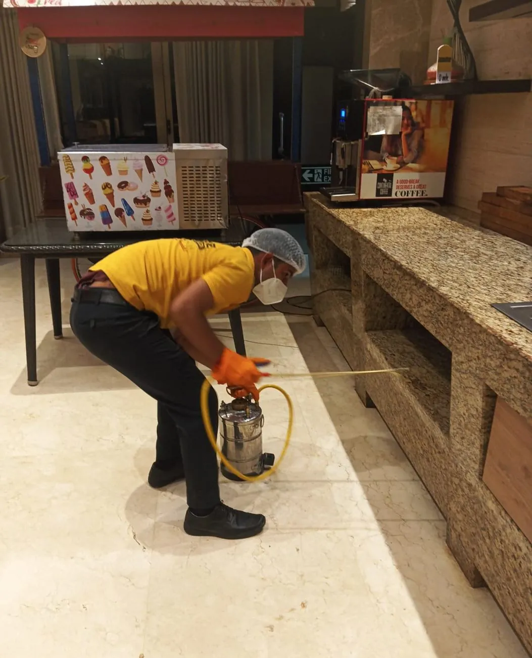 Safe Home technician treating a buffet counter area